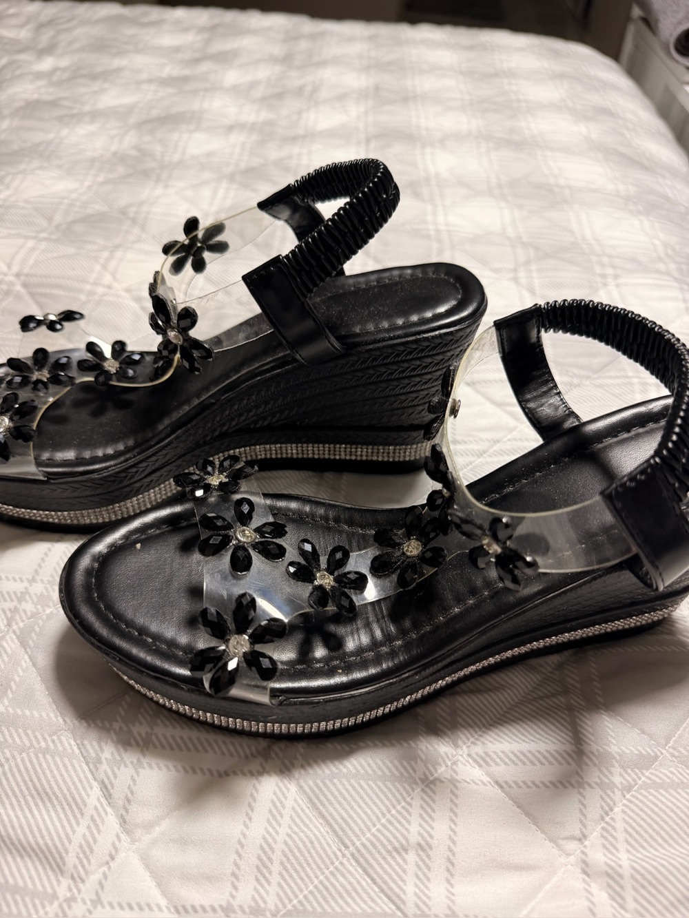 Black Wedge Sandals with Floral Embellishment